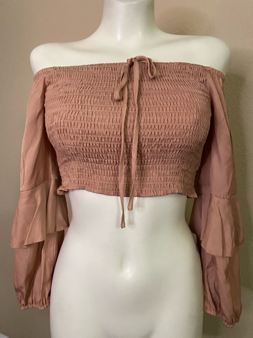 SHEIN Dusty Rose Smocked Off-Shoulder Crop Top M